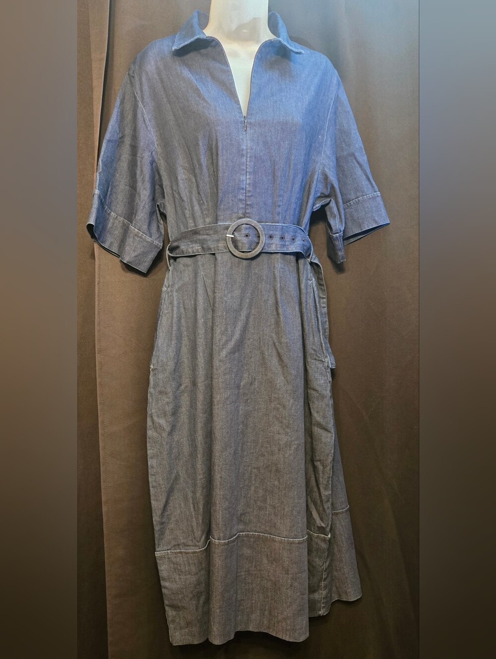 Mixed By Nasrin Rachel Dress in Denim, Belted Midi  Dress, Quarter Zip, Size M